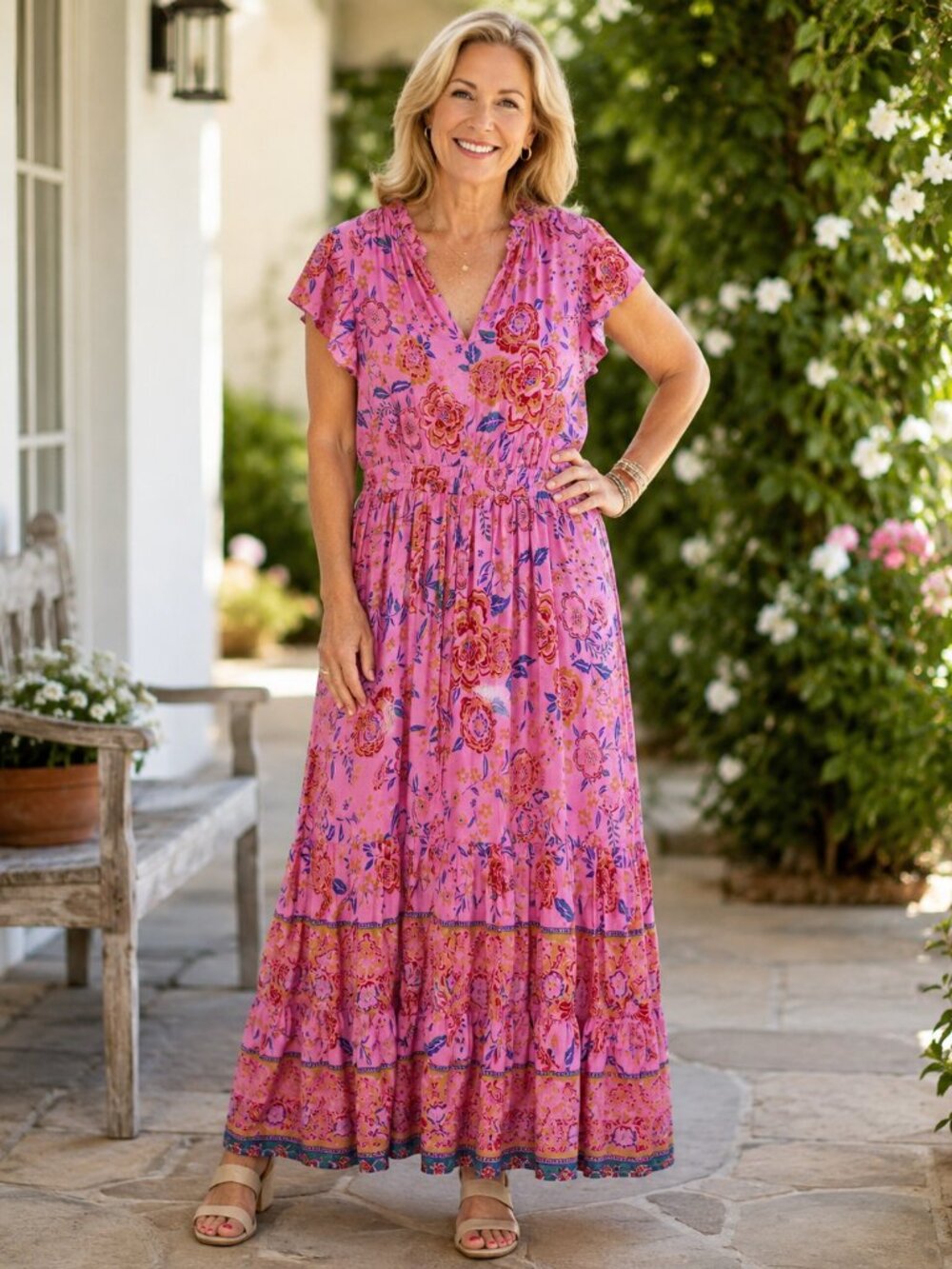 Pink Floral Boho Maxi Dress Flutter Sleeve Ruffle Neck Rayon Cottagecore